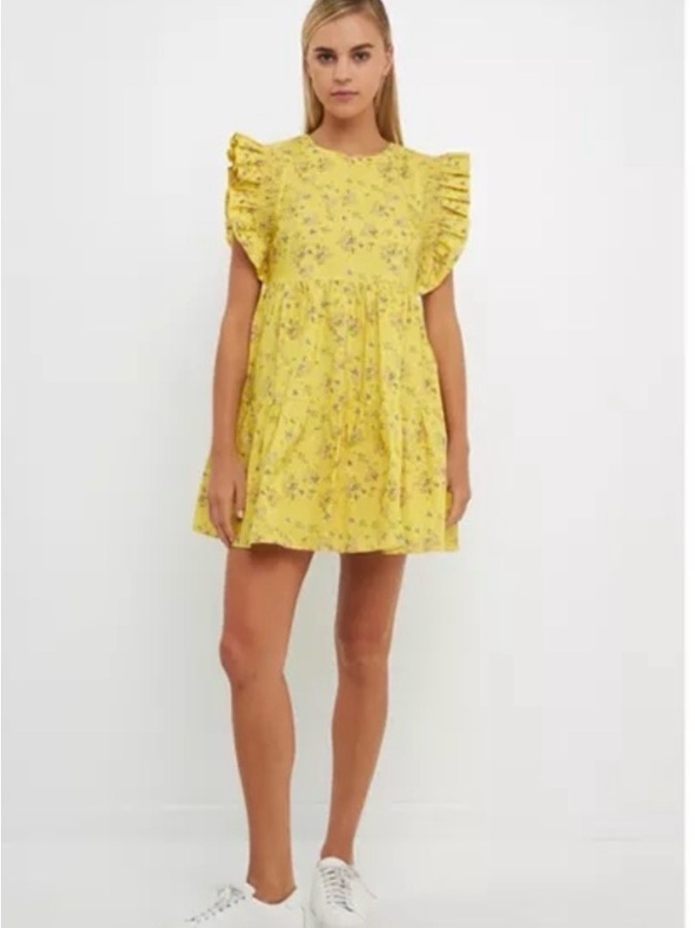 English Factory Yellow Floral Mini Dress with Ruffle Sleeves